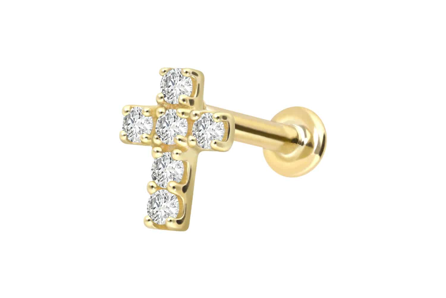18 Karat Gold Labret Piercing mit Innengewinde DIAMANT-KREUZ